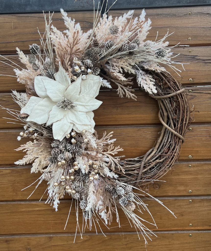 Asymmetrical wispy white tan wreath